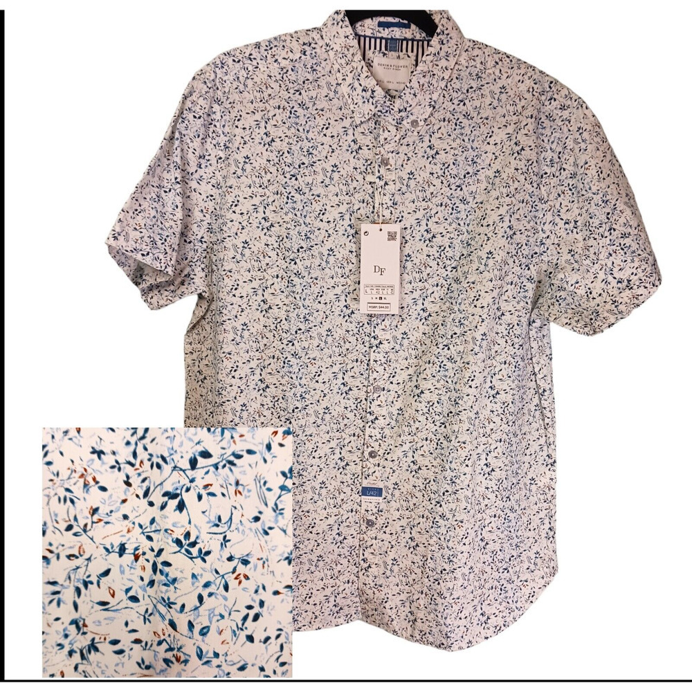 Size Large 42 Denim & Flower, Mens Dress Shirt, Floral, Hipster NWT Ecofriendly